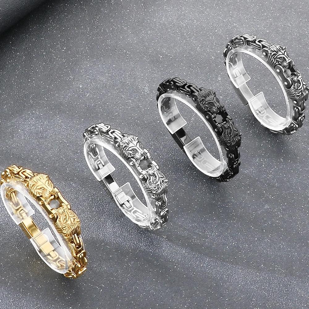 Cool 7MM Wide Men's Lion Head Link Chain Bracelet Vintage Blackened 316l Stainless Steel Bracelets Gothic Biker Jewelry for Men