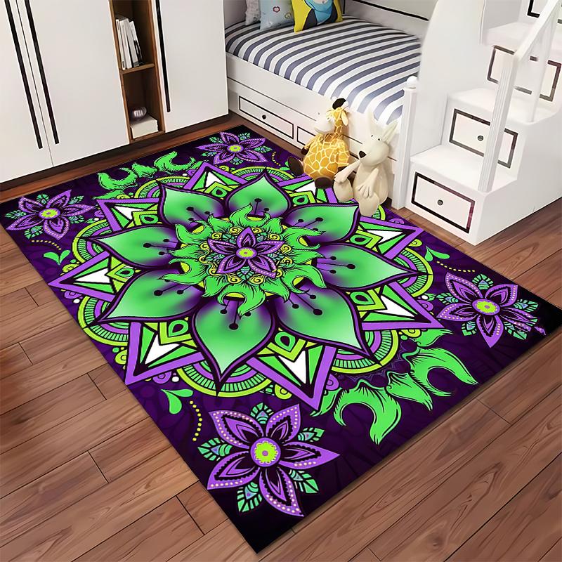 Colorful Mandala Pattern Carpet, Green and Purple Floral Design Rug Suitable for Use As an Anti-slip for Living Room Bedroom Sofas