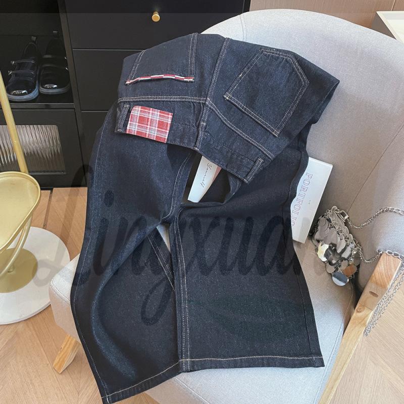 

Spring/Summer Women s Plaid Embroidered High-Waist Wide-Leg Denim Pants Extra Large