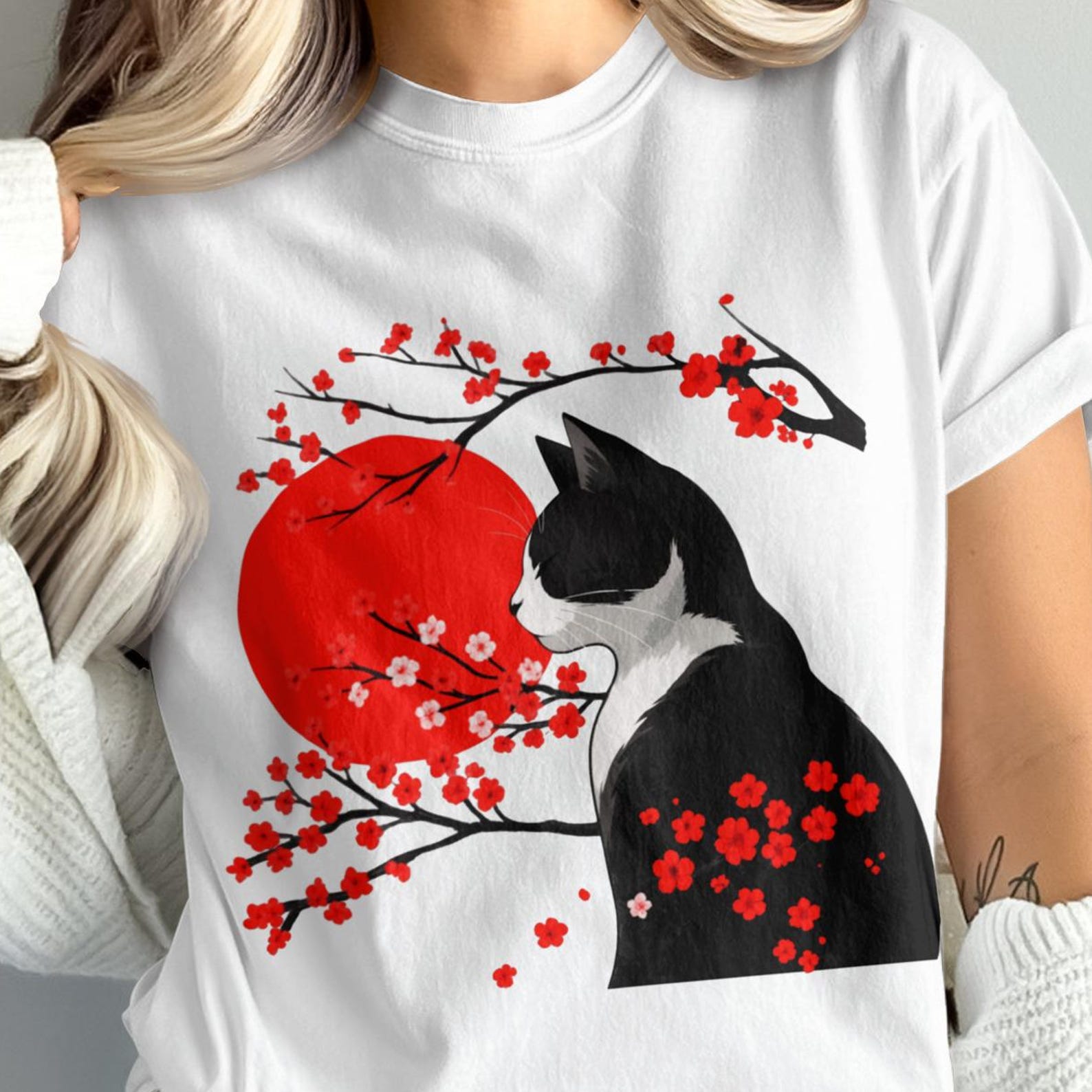 Cherry Blossom, Floral Shirt, Black Cat T Shirt, Kitten Tee, Animal T Shirt L