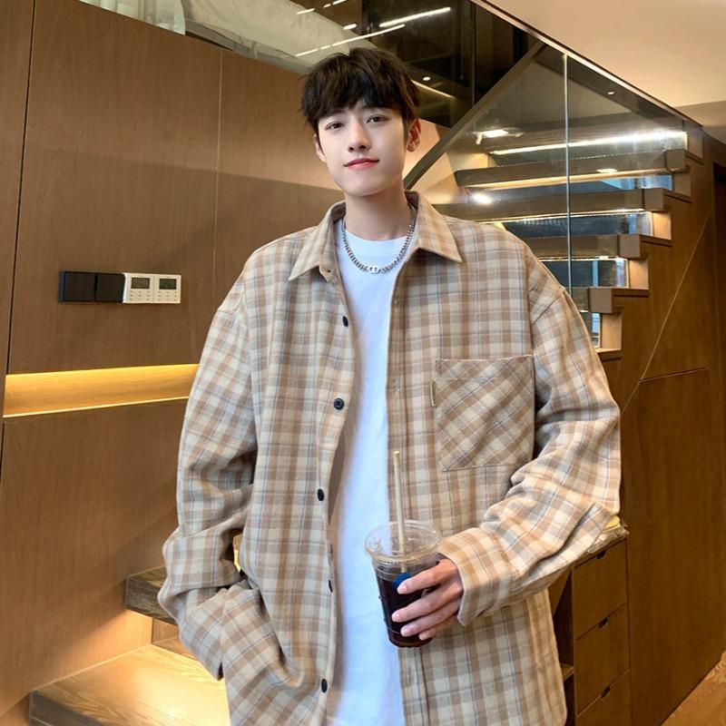 Νέα ανδρική βαμβακερή φαρδιά καρό μακρυμάνικη πουκαμίσα για όλες τις περιστάσεις Άνοιξη και Φθινόπωρο