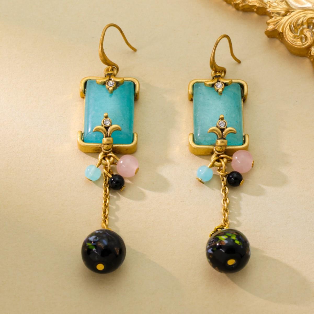 Винтажные серьги с натуральным бирюзовым камнем, кисточкой, стразами и листьями