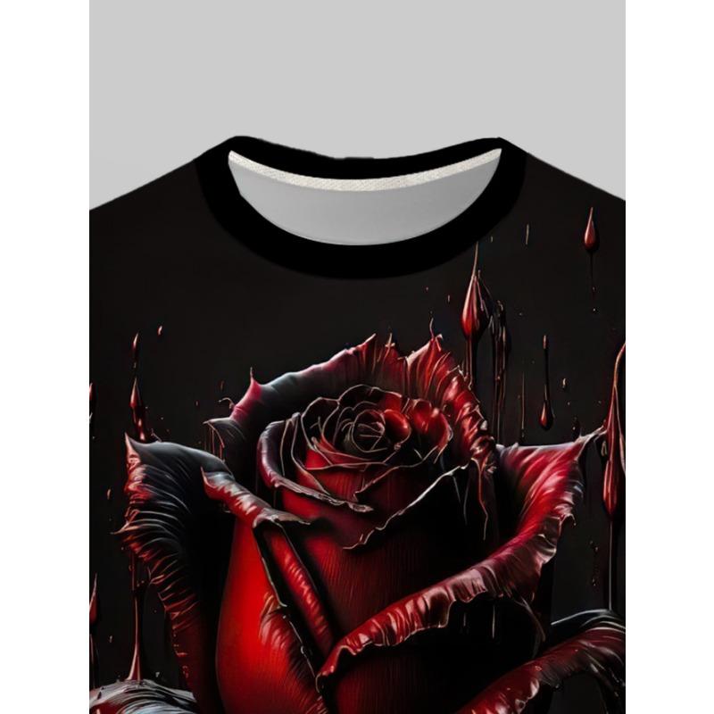 Trendy Men's Round Neck Long Sleeve Top Dark Rose Print Fashion Casual Base Shirt New Autumn Winter Youth Handsome Versatile T-Shirt