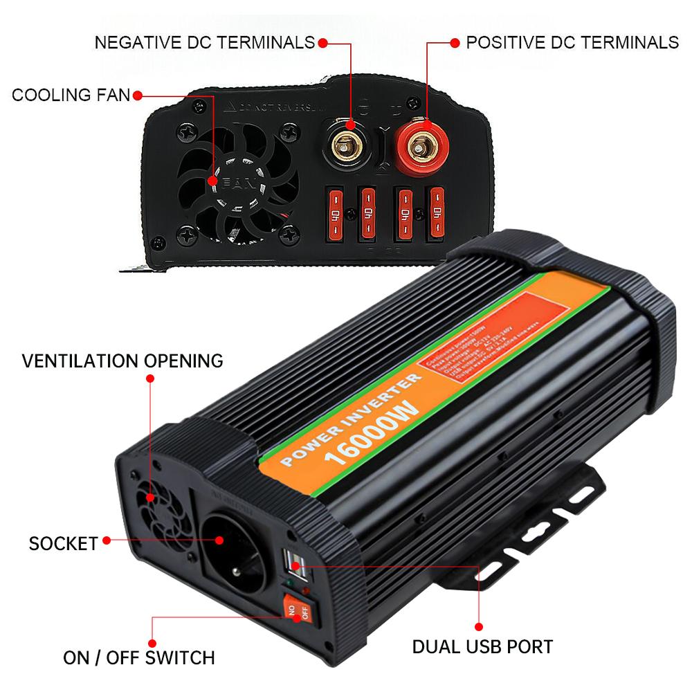 1600W Pure Sine Wave Inverter  DC 12V To 110V AC  Converter and Peak Power 3000W Car Inverter with 2.1A Dual USB Ports Quick