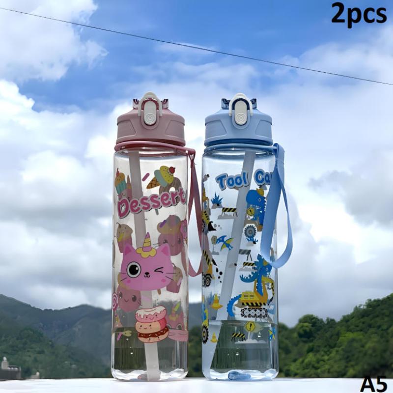 790Ml Cartoon Cat Rabbit Plastic Water Bottle Straw Cup With Carry Handle Portable Suitable For Outdoor Travel And School Use