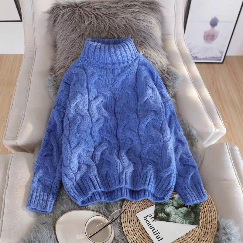 Women's High-Neck Cable Knit Sweater - Loose Fit, Solid Color, Autumn/Winter Style