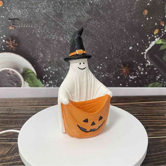 Pumpkin Element Ghost Decor Halloween Witch Hat Figurine, Pen Holder Desktop Storage Organizer Candy Container, Tabletop for Holiday Party Handcrafted