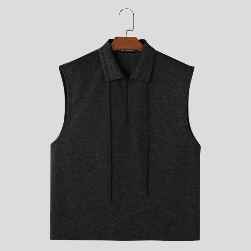 Men Turn Down Collar Zipper Up Sleeveless Pullover Vest Wiastcoats
