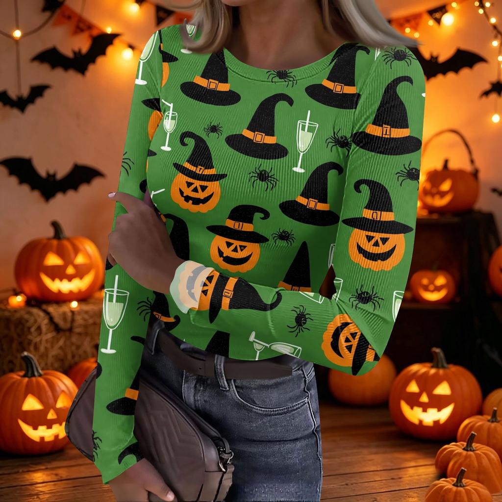 Women's Casual Long Sleeve Ribbed Halloween Print Top Crew Neck Stretchy Slim Fit Lightweight Shirt