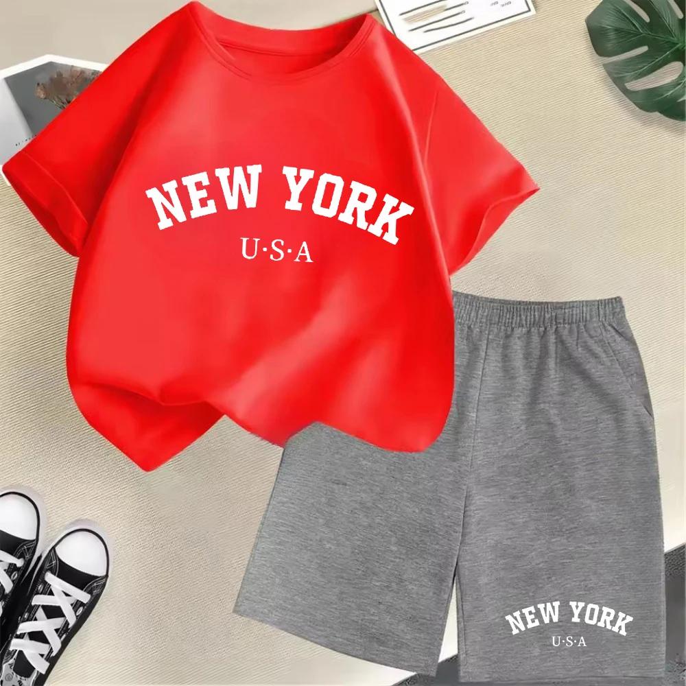2026 New Kids Boys Girls New York Letter Pattern Polyester T-shirt+Shorts 2-Piece Set Casual Daily