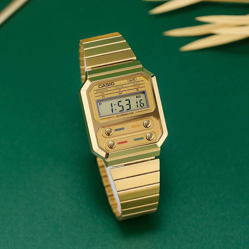 Casio Youth Series Metal Square Pac-Man Retro Luminous Waterproof Watch Quartz Movement Stainless Steel Strap Men watches Gold A100WEG-9APR