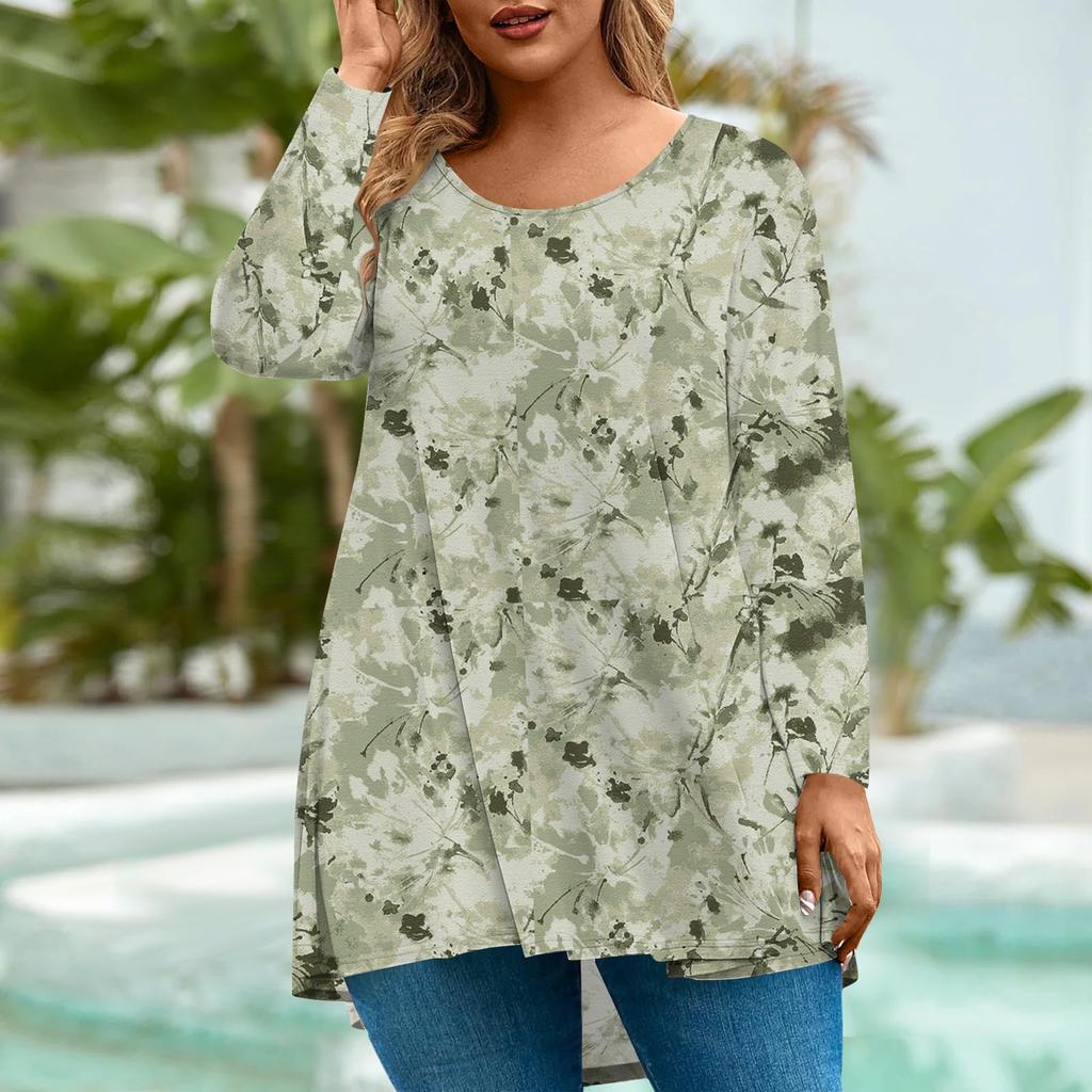 Women's Fashion Large Size Round Neck Long Sleeve Casual Print Loose Pullover Top