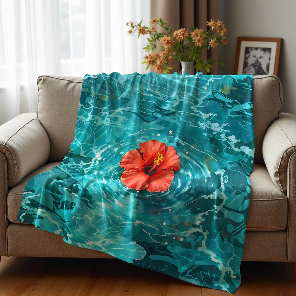 Turquoise Hibiscus Water Ring Soft Flannel Blanket Breathable Warm Throw for Office Car Sofa Kids Room Birthday Xmas Gift