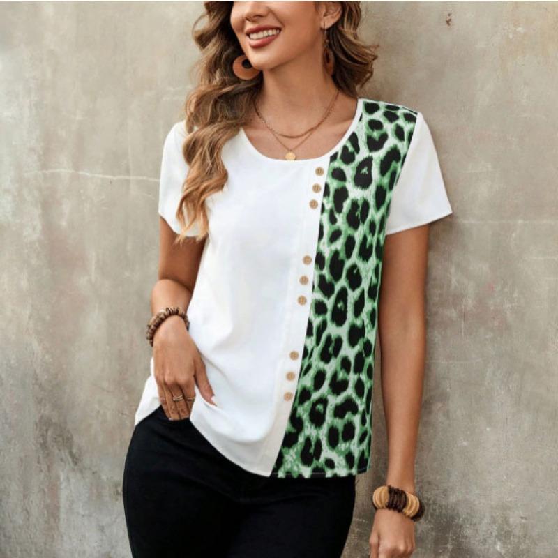 Women Summer White Leopard Print Patchwork Short Sleeve Button Decor Casual Blouse