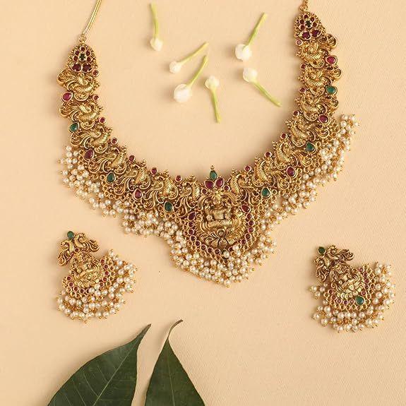 Modisches, neuestes, stilvolles Design, ausgefallenes Perlenhalsband, traditionelles Tempel-Halsketten-Schmuckset für Frauen