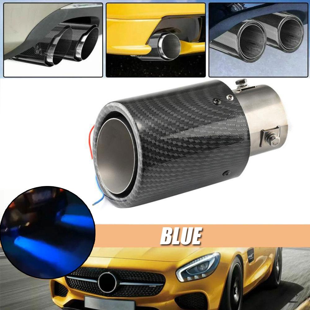 Auto-Auspuffanlage aus glänzender Kohlefaser, Schalldämpfer-Rohrspitze, 63–65 mm, Auto-Schalldämpfer, Auspuffspitze, Rohrdekoration mit rotem/blauem LED-Licht