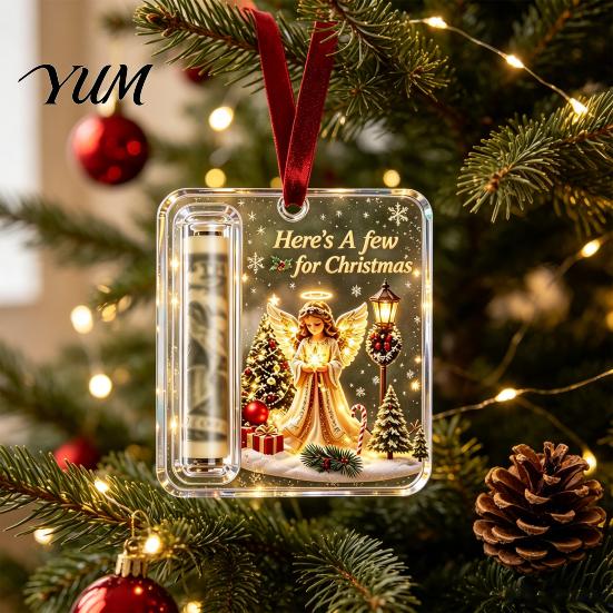 Money Gift Ornament Christmas Cash Holder Ornament, Acrylic Angel Santa Cat with Lanyard for Xmas Tree, Holiday Party Hanging Decoration