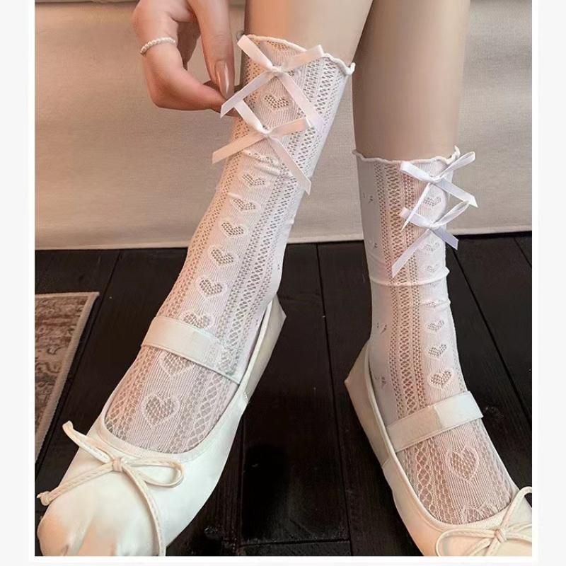 JK Sweet White Hollow Socks for Women Mesh Hollowed Out Thin Nylon Silk Girls Retro Flower Heart Lace Socks Ladies Crew Socks