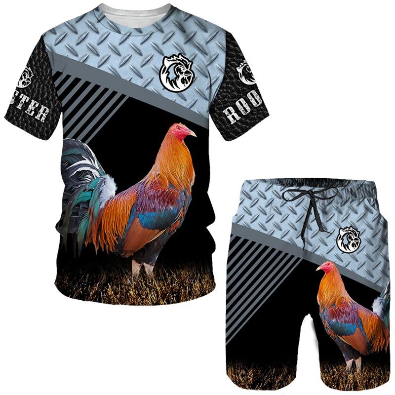 Hahnjagd Sommer Herren 3D-Druck Mann Set T-Shirt + Shorts Outfit Trainingsanzug Hahn Tier Kurze Ärmel 2-teiliger übergroßer Anzug