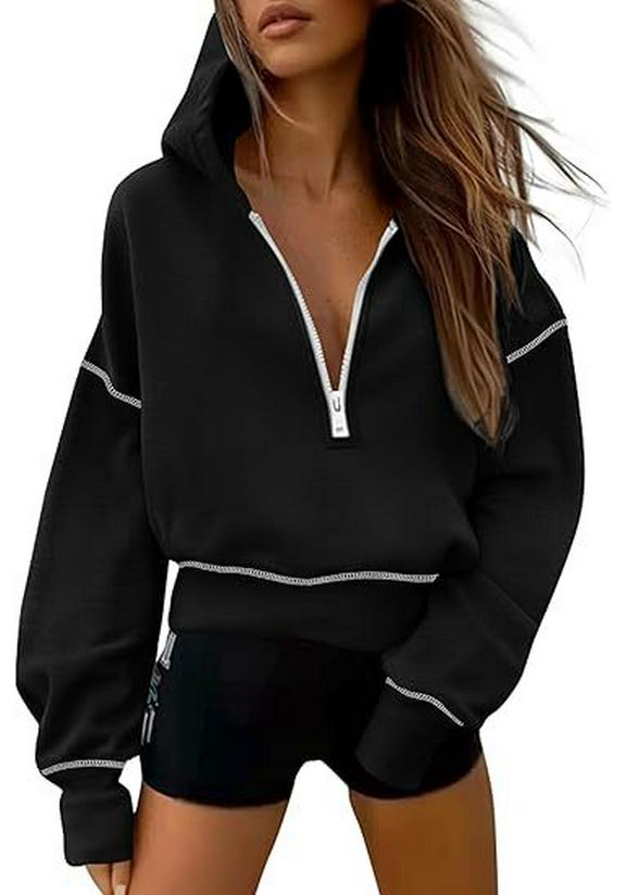 Women's Cropped Half Zip Hooded Sweatshirt - Autumn Winter Fashion 2025
