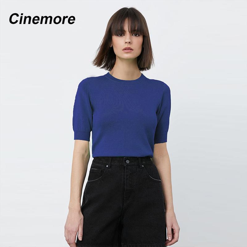 

Cinemore женская вязаная рубашка, свитер с короткими рукавами, летние топы, тонкие однотонные повседневные трикотажные изделия, женские пуловеры, футболки, женские футболки 038