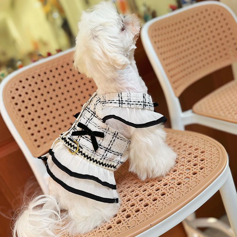 Spring Pet Checkered Strap Skirt Cute Dress Dog/Cat Clothing Style Traction Set with Traction Rope Dog Harness Puppy
