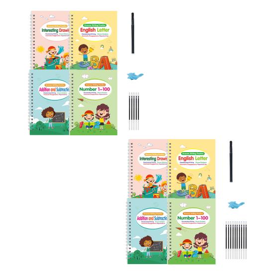 4Pcs Grooved Handwriting Practice Workbooks Reusable Kids Alphabet Number Learning Tracing Book Writing Practice Book with Pen Refills Pencil Gripper