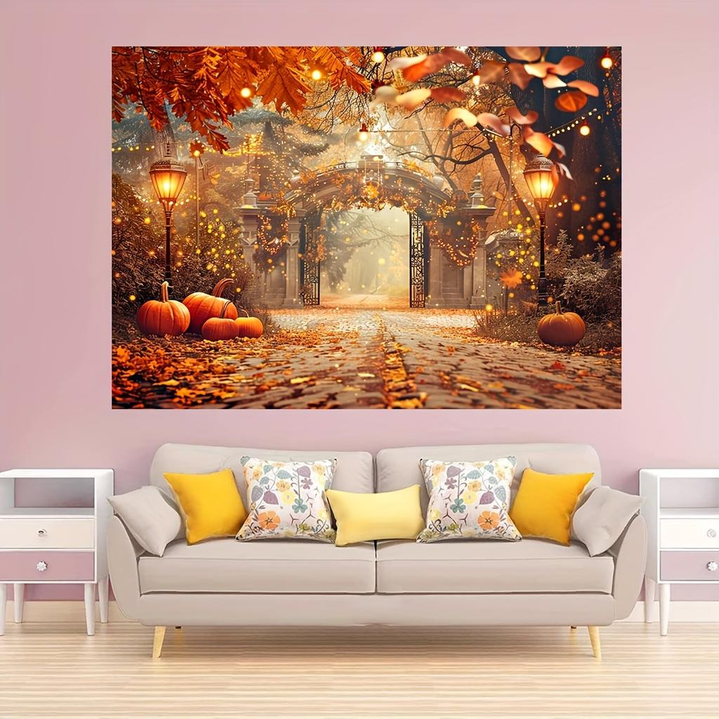 Polyester Fall Photography Background with Fall Maple Leaf Pumpkin Design for Thanksgiving Parties Weddings Birthdays