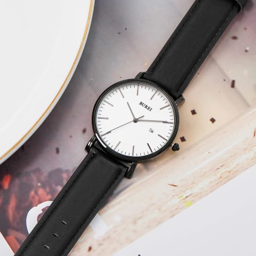 BUREI Men's Leather Watch, Popular Brand, Analog, Simple, Waterproof, Stylish, Perfect for Commuting (Black/Black and White)