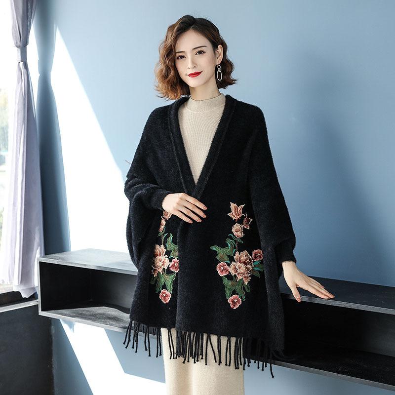 Autumn and winter thickened faux mink fur shawl for women, cape to be worn over a cheongsam, embroidered fringed coat, warm scarf with sleeves