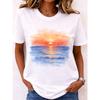 Women's Sunset Ocean Watercolor Graphic Round Neck T-Shirt, Short Sleeve Casual Tops, White Daily Wear for Spring & Summer