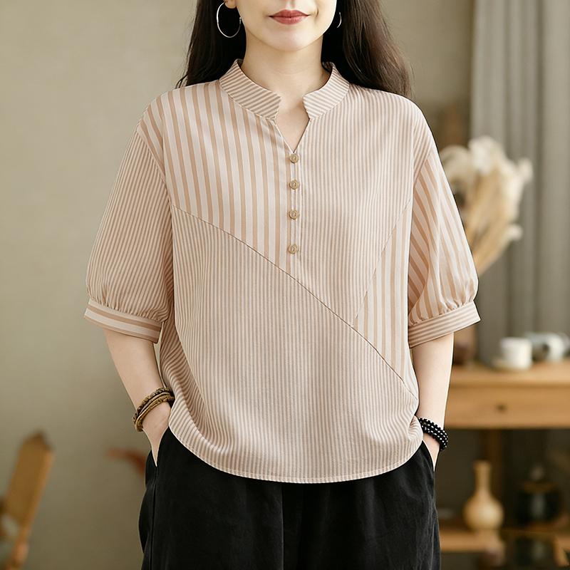 ZANZEA Women Casual V-Neck Half Sleeve Loose Stripe Blouse