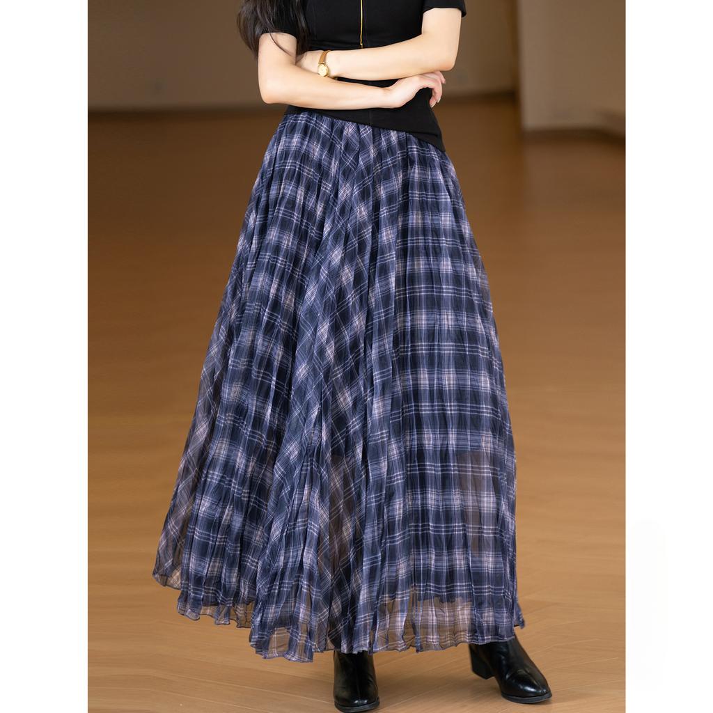 Dimanaf 2025 Autumn Women New Skirts Plaid Loose Elastic Waist Pleated Elegant Long Skirts Red