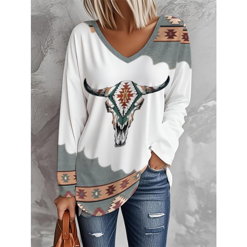 Plus Size - Ladies Autumn And Winter Plus Size Women S Fashion Christmas Print Casual V-Neck S