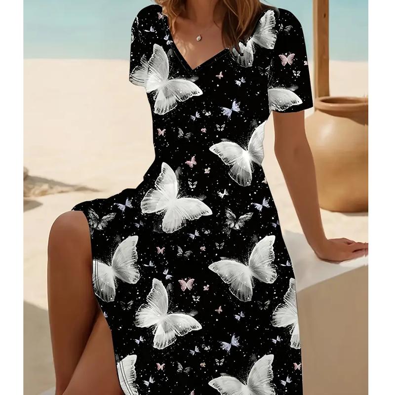Moda de Verano Vestido de Mujer con Cuello en V Manga Corta Hermoso Estampado de Mariposas Vestidos Sexys Falda Corta