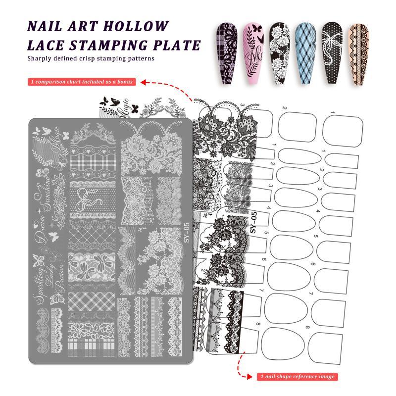 1 Sheet Etched Nail Art Stencil High-Precision Bow Flower Lace Checkered Nail Decal Sheets For Reusable Manicure Transfer Tool