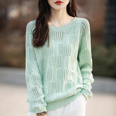 Tejido de Ganchillo de Algodón para Mujer 2025: Top Holgado de Manga Larga con Cuello Redondo para Primavera/Verano
