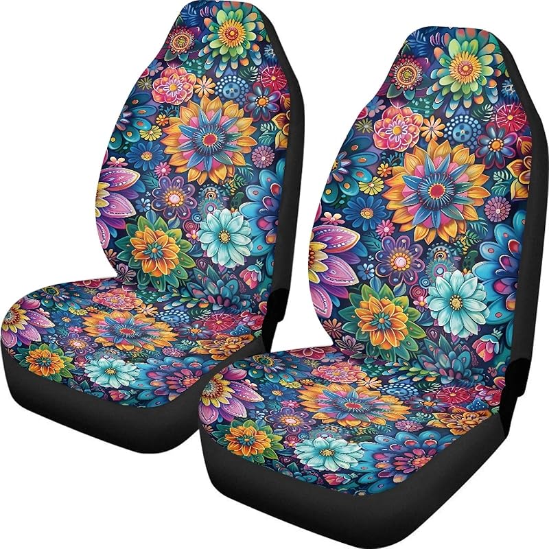Bright Blossoms Colorful Boho Floral Print Car Seat Covers For Women,Universal Auto Front Seats Protector Fits For Car,SUV Sedan,Truck