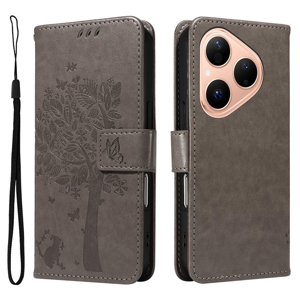 För Huawei Pura 80 Telefonfodral med Ställ Kattträdsmönster Läder Plånbok Mobilskydd