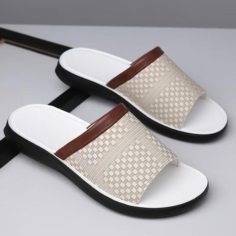 

Men Black Leather Slippers Flats Summer Brown Wide Head Sandals Outdoor White Beach Shoes Over Sized 46 47 48 EU:38 білий