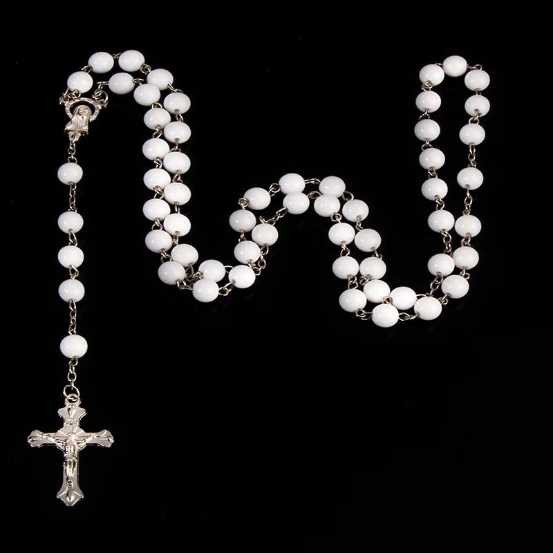 8mm Modeschmuck Rosenkranz Damen Halskette Hohe Qualität DIY Jesus Christliches Kreuz Halskette und Anhänger Lange Kette Schmuck Schmuck