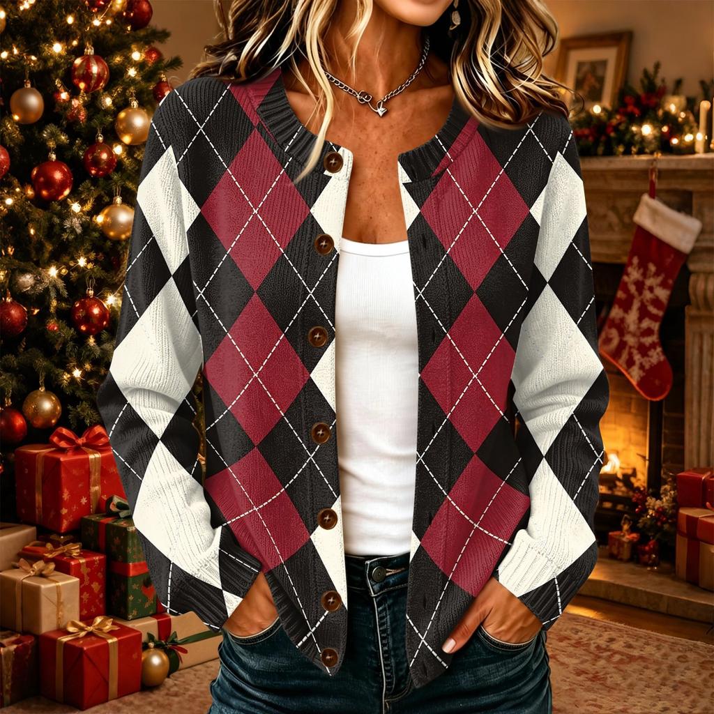Women's Casual Plaid Print Long Sleeve Button Front Knit Cardigan Sweater Outerwear