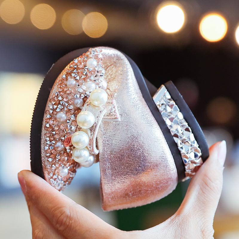 Kids High Heels Children's Crystal Shoes Flash Little Girl Leather Shoes Soft Bottom Princess Footwear Dance Party Wedding Shoes