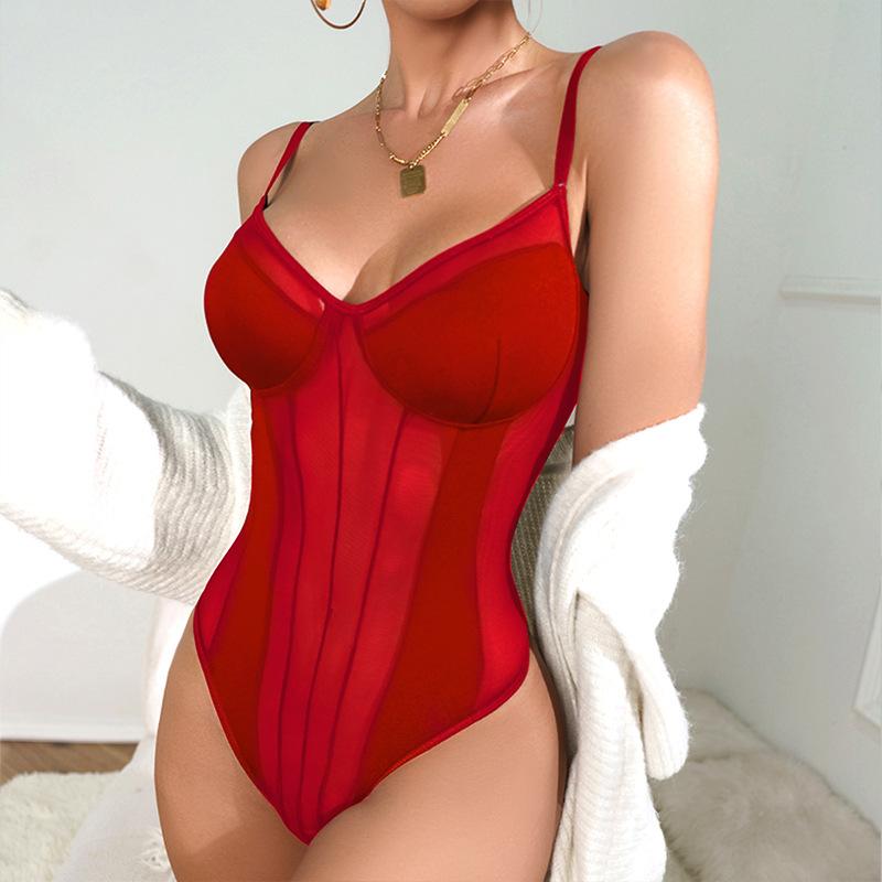 

Жіночий сітчастий перспективний модний і сексуальний комбінезон із клаптиками без спинки M червоний