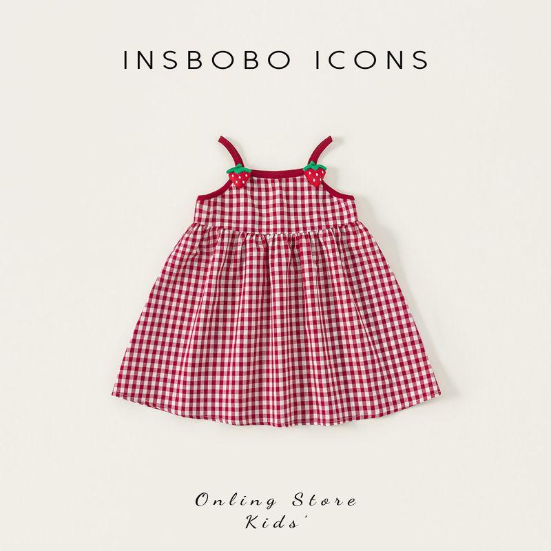 Insbobo Girls  Dress Summer 2026 New Style Baby Girl Plaid Dress Children s Dress Summer Baby Suspender Dress Red and White Grid 100