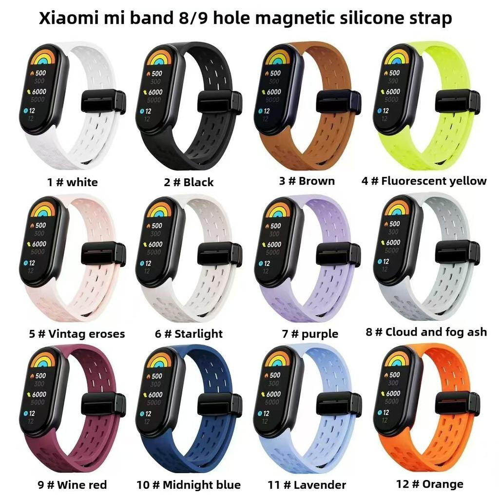 For Xiaomi Bracelet 8 Mi Bracelet 9 Male Female Replacement Sports Magnetic Breathable Folding Buckle Silicone Strap Band