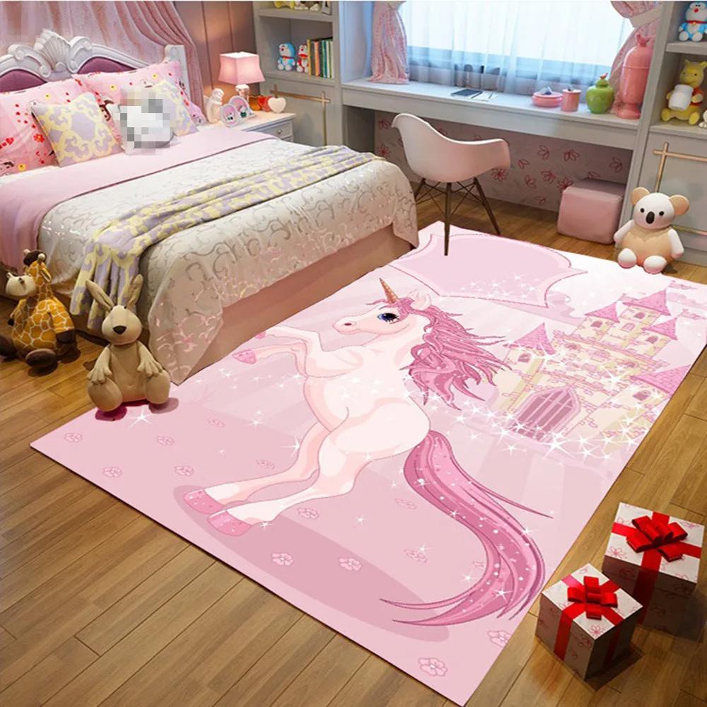 Kids Cartoon Unicorn Carpet Fantasy Animal Crawling Mat Doormat Living Room Area Rug Rainbow Shiny Girls Bedroom Soft Floor Mats