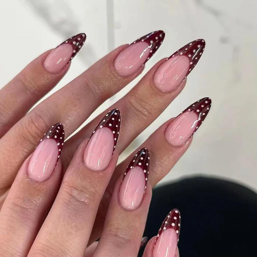 

24Pcs Nude Pink Almond Press On Nails, Burgundy French Tips with White Polka Dot, Full Cover Acrylic False Nails with Glue United States