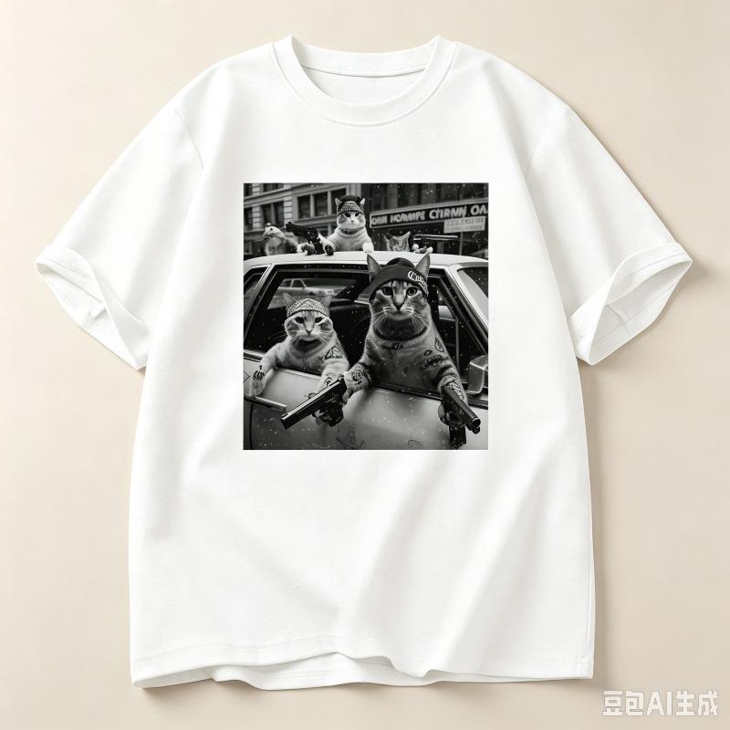 Gangster Tattoo Cats In Car Graphic T Shirt Casual Funny Animal Streetwear Short Sleeve Tee