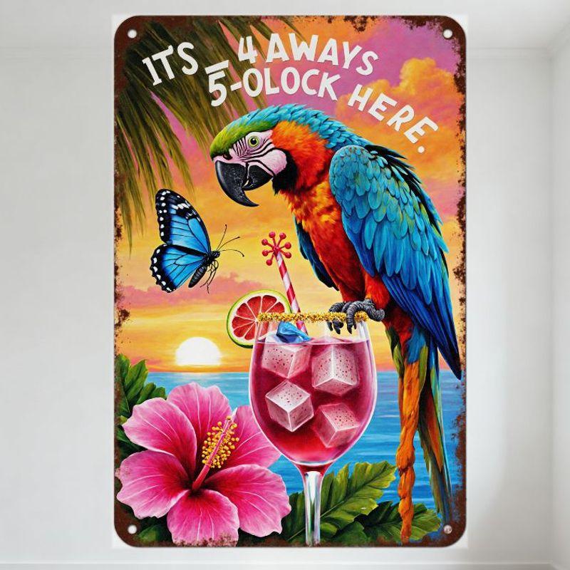 Tropical Parrot 5-O'Clock Here Metal Tin Sign, Vintage Beach Tiki Decor for Home Bar Cafe Man Cave Wall Art